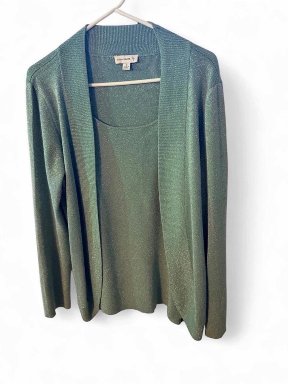 Susan Graver Metallic Novelty Knit Cardigan Set Green Size Medium